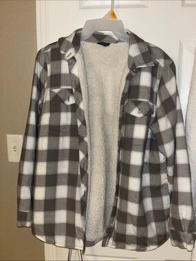Eddie Bauer Gray & White Plaid Sherpa-Lined Jacket